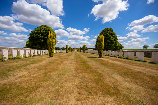 First World War War Cemetery. Commonwealth War Graves - British Cemetery Cabaret-Rouge, Souchez in the Pas-de-Calais department in the Hauts-de-France region of France. Photographed on July 15, 2022.