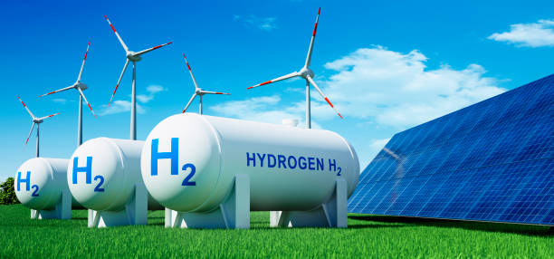 istock Hydrogen tank, solar panel and windmills with sunny blue sky 1409834960
