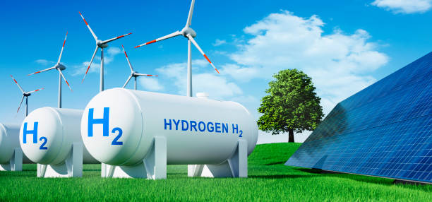 istock Hydrogen tank, solar panel and windmills with sunny blue sky 1409834961