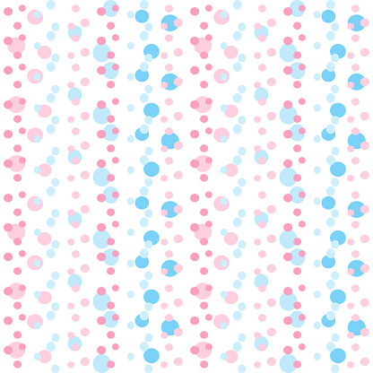 Polka dots in pink and bluish shades are scattered on a white background. Seamless vector pattern. Cute illustration for textile, wallpaper, paper