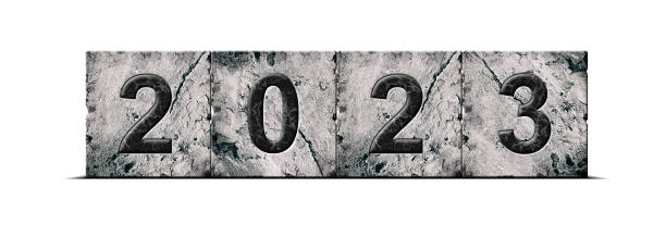 istock 2023, digits on an alphabet on stone blocks, isolated on white background. Year concept. 1409835310