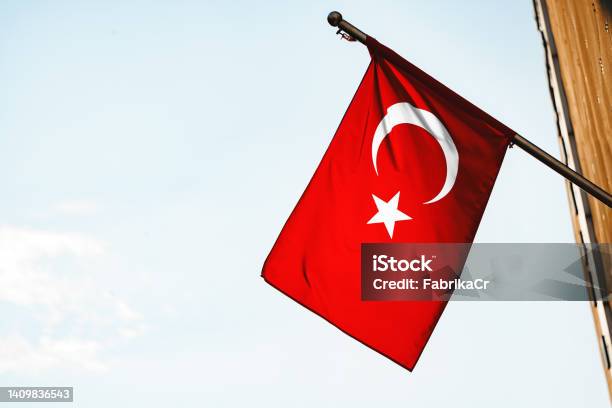 Clear Sky And Waving Turkish Flag Close Up Stock Photo - Download Image Now - Backgrounds, Banner - Sign, Blue
