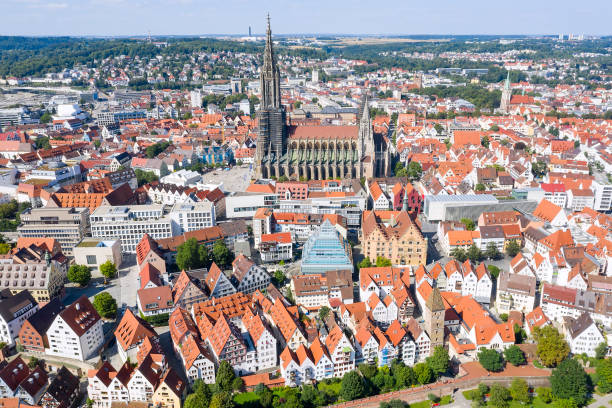 Old Town and Minster of Ulm, Aerial View of Cityscape Aerial view of the City of Ulm, old town, Ulm Minster, Baden Wurttemberg, Germany. ulm minster stock pictures, royalty-free photos & images