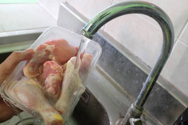 Photo of Thawing frozen chicken or poultry meat on running water on a sink.