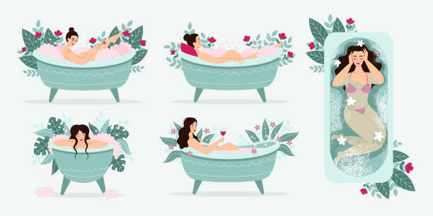 ilustraciones, imágenes clip art, dibujos animados e iconos de stock de conjunto de hermosas mujeres morenas en bañera con espuma rosa y flores. relajación, spa, cuidado corporal. la niña se afeita las piernas. ilustración vectorial en estilo plano de dibujos animados. - body care body the human body female