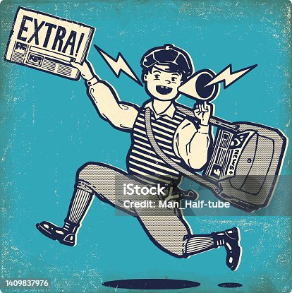 istock Paperboy with megaphone and extra newspaper 1409837976