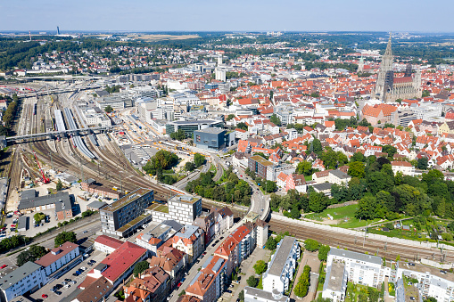 Aerial view of Ulm with train station, Baden Wurttemberg, Germany.