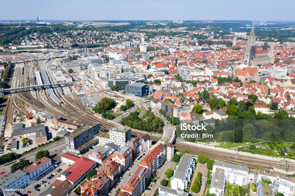Cityscape of Ulm with Train Station, Aerial View, Baden Wurttemberg Aerial view of Ulm with train station, Baden Wurttemberg, Germany. Above Stock Photo