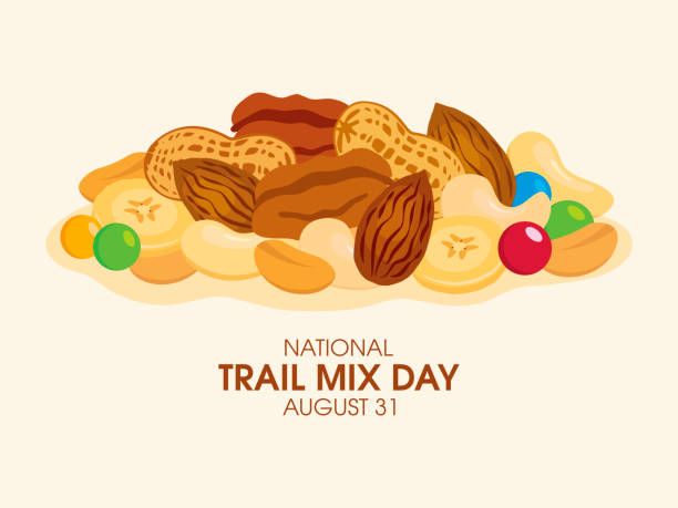 ilustraciones, imágenes clip art, dibujos animados e iconos de stock de vector del día nacional de trail mix - nut snack peanut backgrounds