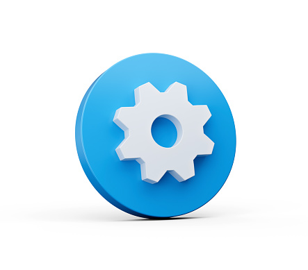 Setting icon Gear or Cog 3d isolated on white background. Blue Round shape Web Design Notification Icon 3d illustration