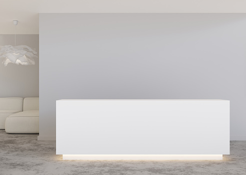White reception counter in modern room with light gray walls. Blank registration desk in hotel, spa or office. Reception mock up with copy space for branding, logo. Contemporary style. 3D rendering