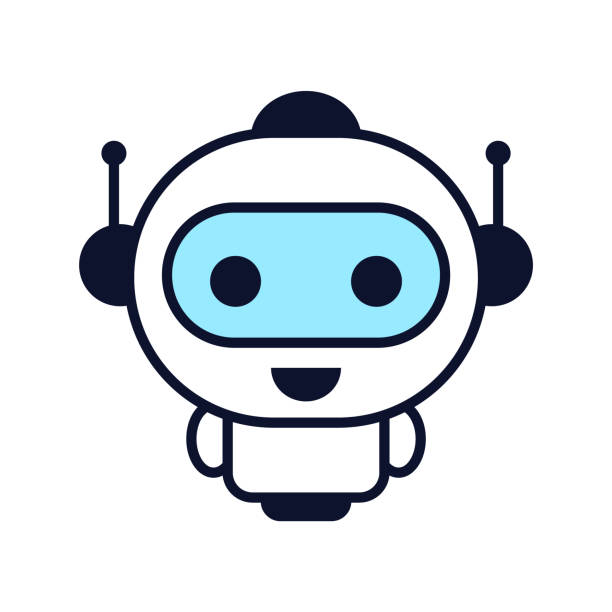 Cute little robot smiling.  Robotics and technology. Kawaii robot. Engineering and artificial intelligence AI. Humanoid cartoon robot with outline. Industry 4.0. Vector illustration, flat, clip art. robot clipart stock illustrations