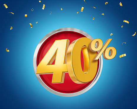 40 percent Off Discount 3d golden sale symbol with confetti. Sale banner and poster 3d illustration