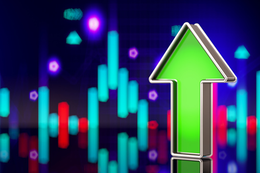 Financial Trading Concept with Green UP Arrow and a Stock Market Chart as a Background. 3D Render