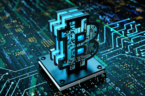 Cryptocurrency Blockchain Concept with Bitcoin Symbol on the Motherboard. 3D Render