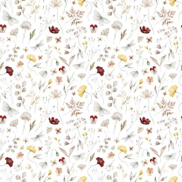 Watercolor floral pattern Watercolor seamless pattern with bright wildflowers, leaves. Wild plants, flowers, fern, butterflies, dragonfly. Nature floral background fall flower bouquet stock illustrations