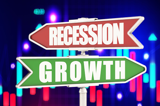 Recession and Growth Road Sign with a Stock Market Chart as a Background. 3D Render