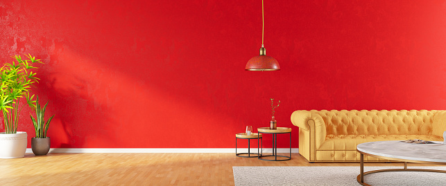 Panoramic View of Red Living Room with Sofa. 3D Render