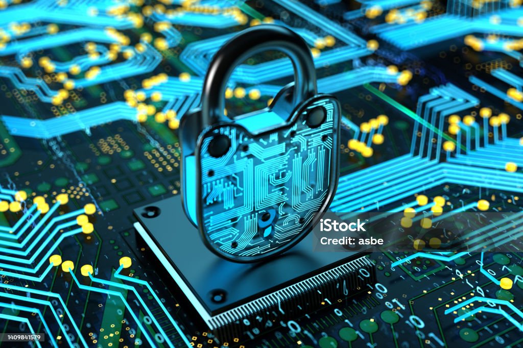Glowing Blue Circuit With Security Lock on CPU Glowing Blue Circuit With Security Lock on CPU. 3D Render Threats Stock Photo