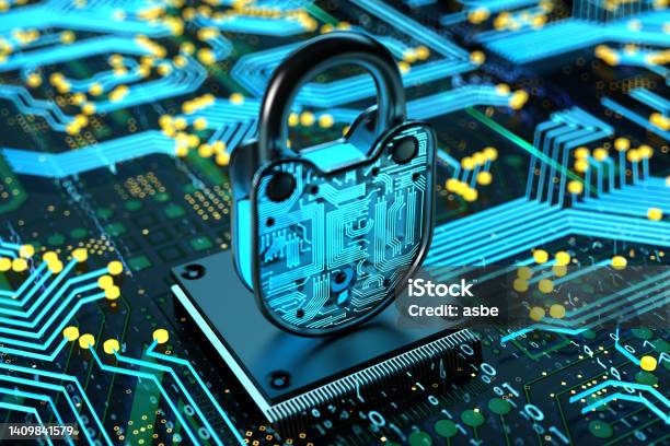 Glowing Blue Circuit With Security Lock On Cpu Stock Photo - Download Image Now - Threats, Technology, Circuit Board