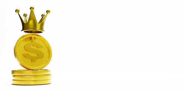 Stack of dollar coins with a golden crown on white background, king money icon symbol, 3d illustration
