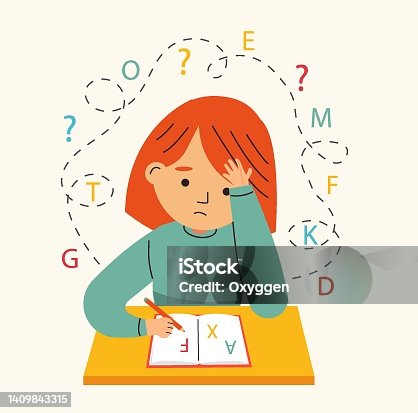 istock Dysgraphia, dyslexia and  learning difficulties concept. Vector illustration. Young girl  character has problems with reading, writing. 1409843315
