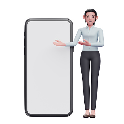 standing businesswoman presenting big phone with white screen, 3D render business woman in blue shirt holding phone illustration