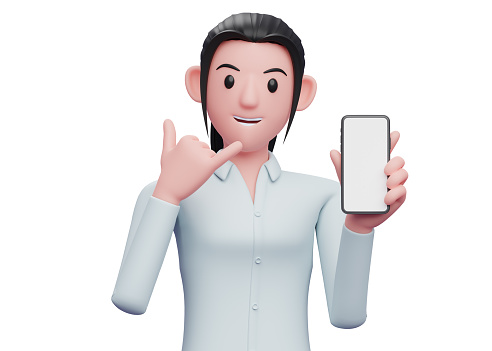 portrait of a woman holding a cell phone with the gesture call me sign finger, 3D render business woman in blue shirt holding phone illustration