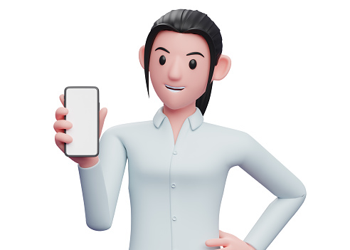 portrait of a woman holding and looking at a cellphone with her left hand on her waist, 3D render business woman in blue shirt holding phone illustration