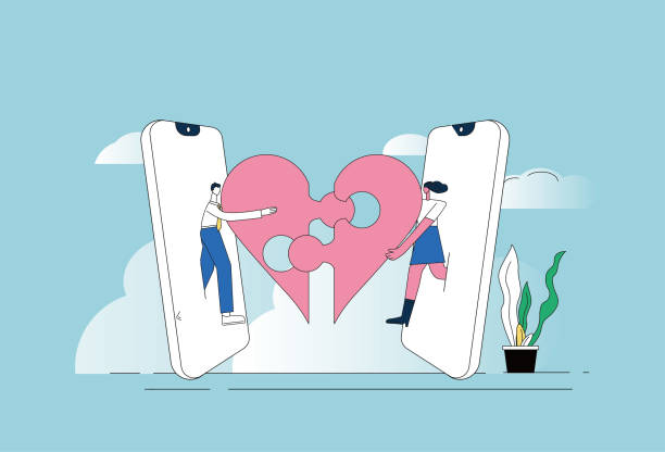 ilustraciones, imágenes clip art, dibujos animados e iconos de stock de un hombre y una mujer, teléfono móvil, aman el rompecabezas. - internet dating