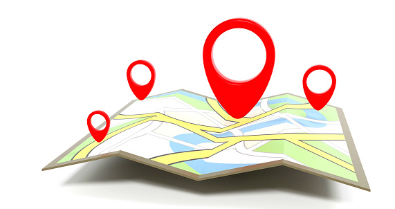 Red location symbol pin icon with destination map on white background, 3d illustration