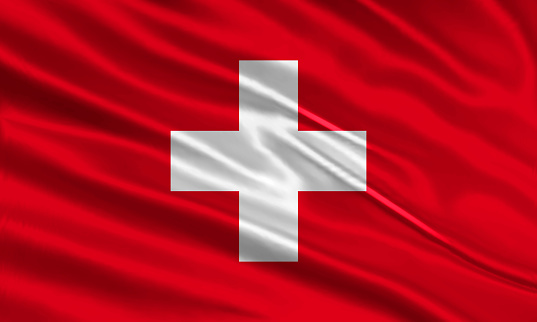 Switzerland flag design. Waving Swiss flag made of satin or silk fabric. Vector Illustration.