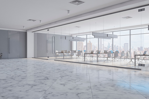 Modern concrete, glass and marble meeting room interior with window and city view. Law and legal, corporate workplace concept. 3D Rendering