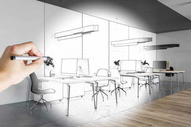 istock Hand drawn modern coworking office interior plan. Blueprint and workplace concept. 1409846703