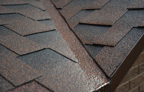 istock Asphalt shingled roofing construction. A roof valley covered with asphalt shingles with a close-up of a waterproofing flashing in a problem area. 1409847626