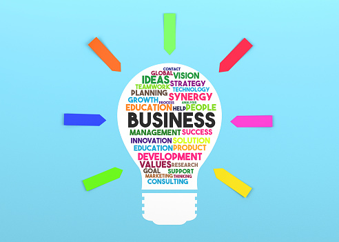 Paper in the shape of a lightbulb and the words Business on it. Blue background and colorful sticky note papers.