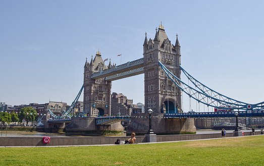 London, UK - July 19 2022: Tower Bridge with a clear, blue sky during a heatwave in the UK.