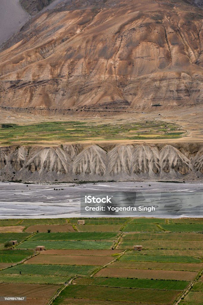 Breath taking view of Spiti valley from Key Monastery. Fields of agriculture in Kaza. Adventure Stock Photo