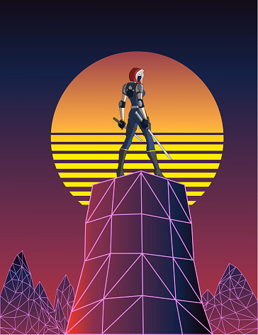 An 80s synthwave style vector illustration of a female ninja. Spaces available for your copy.