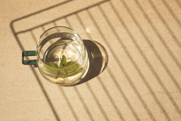 Tea with mint in a glass mug on a light stone table with with striped shadows. Flat lay