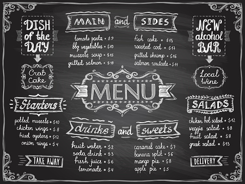 Chalk menu list blackboard design for cafe or restaurant - main and sides, drinks and sweets, salads and starters, dish of the day and alcohol bar
