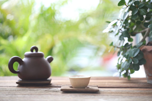 Earthenware tea pot and tea cup and plant pot on wooden table