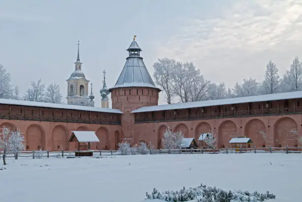 Monastery apothecary garden in winter. Saviour Monastery of Saint Euthymius, Suzdal, Russia. Cloud day in December.