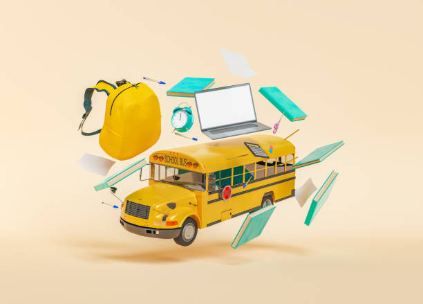 istock 3D rendering of bus and school supplies 1409850667