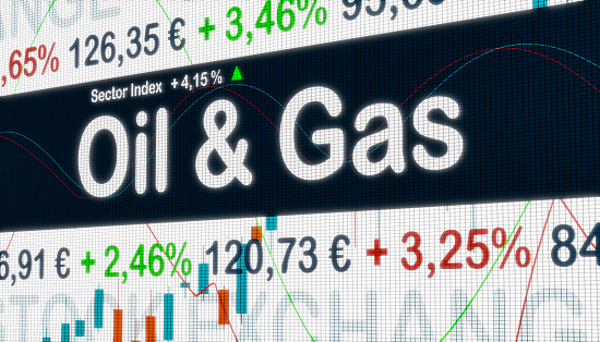 Oil and Gas sector with price information, market data and percentage changes in prices on a screen. Stock exchange, business and trading concept. 3D illustration