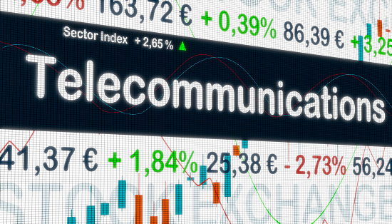 Telecommunication sector with price information, market data and percentage changes in prices on a screen. Stock exchange, business and trading concept. 3D illustration