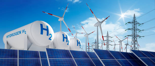 istock Hydrogen tank, solar panel and windmills with sunny blue sky 1409852048