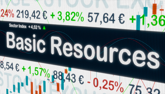 Basic Resources sector with price information, market data and percentage changes in prices on a screen. Stock exchange, business and trading concept. 3D illustration