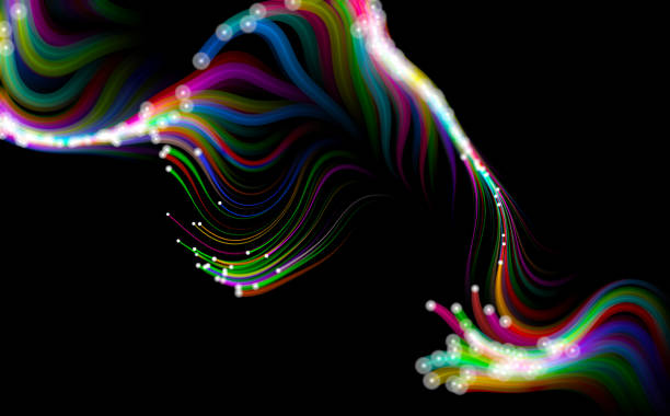 ilustraciones, imágenes clip art, dibujos animados e iconos de stock de partículas que fluyen multicolores sobre fondo negro. - cyberspace abstract backgrounds photon