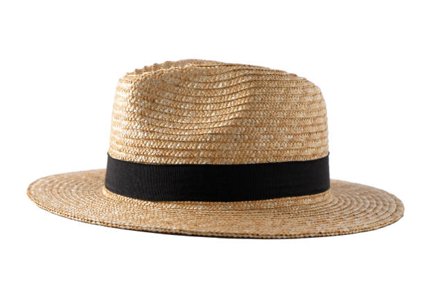 istock Straw fedora hat isolated. Summer hat with black ribbon. Cap on white background. 1409853738